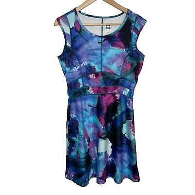 Title Nine Womens Pullover Dress Small Purple Blue Floral Stretch Zip Pocket $22.10