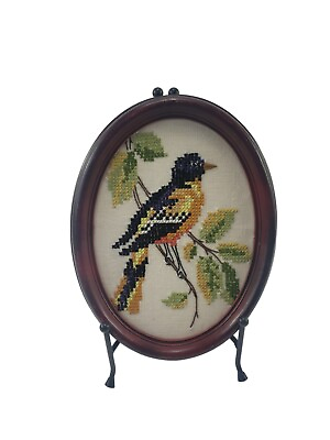 Vintage Oval Embroidered Needlepoint Cross Stitched Yellow Bird Wall Hangin Art $19.96