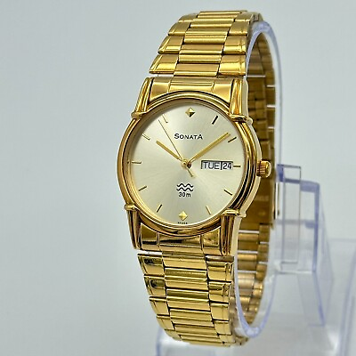 #ad Unisex SONATA Gold Tone Classic Day Date Steel Bracelet Quartz Watch 32mm Runs $19.99