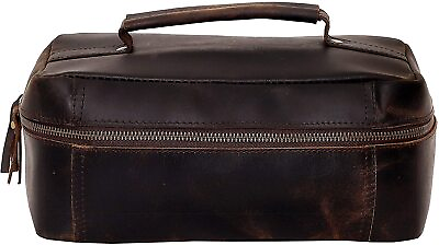 #ad Brown Leather Shaving Kit Dopp Kit Overnight Toiletry Bag Travel Case New $52.50
