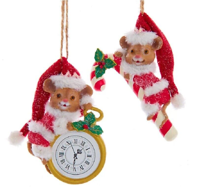 #ad Set 2 4.5quot; Kurt Adler Red Hat Mouse Candy Cane Clock Ornament Christmas Decor $9.95