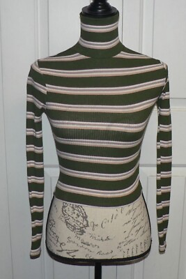 #ad BDG Urban Outfitters Women#x27;s Stripe Ribbed Turtleneck Top in Green Multi XS $36 $18.00