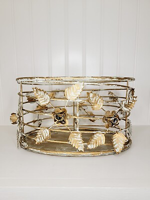 #ad Oval Brushed Metal Brass Basket with Applied Metal Roses Leaves Storage Decor $22.00