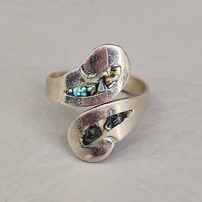 #ad Abalone Ring Inlay Bypass Style Silver Tone Mexico Sz 9 $18.99