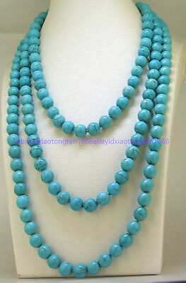 Genuine Natural 8mm Blue Turquoise Round Gemstone Beads Jewelry Necklace 50quot; $9.99