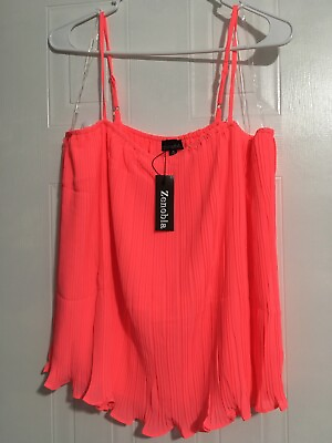 #ad Hot Neon PINK Tank Top SIZE 2XL 2X Womens Plus SPAGHETTI STRAPS Lined PLEATED $14.99
