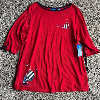 #ad NWT Karen Scott Sport Red Embroidered Short Sleeve Sailboat TShirt Top Size 3x $14.39