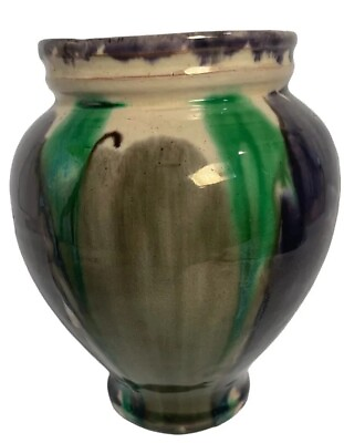 #ad Studio Pottery Vase Mexico Purple Green Gray Drip Glaze Signed 5.5 Inches $12.74
