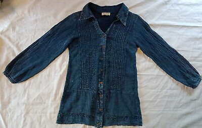 #ad Women Top Blouse Pleated Embellished Dark Blue Long Sleeves Size S $24.99