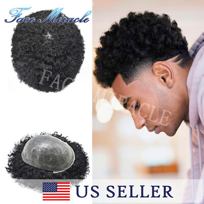 #ad Afro Kinky Curly Toupee for Black Men Hairpiece Full Poly Human Hair system Wig $149.00