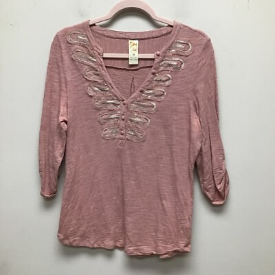 #ad Womens Henley Shirt Pink Silver Space Dye 3 4 Sleeve Roll Tab Embellished M $10.93