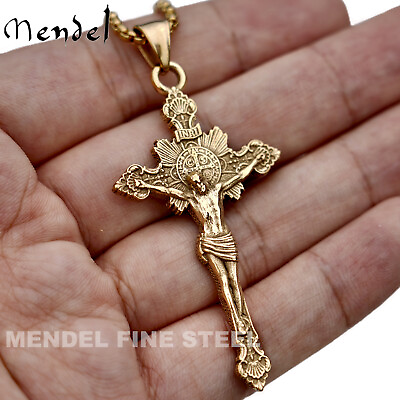 #ad MENDEL Mens Gold Plated Jesus Crucifix Cross Pendant Necklace For Men Stainless $19.99