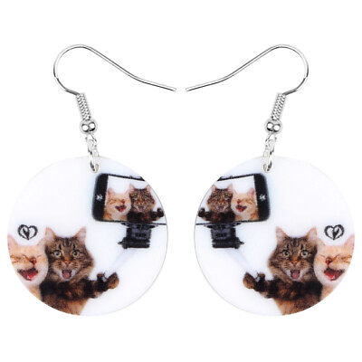 #ad Acrylic Round Cute Selfie Double Cat Earrings Dangle Pet Jewelry For Women Charm $5.99