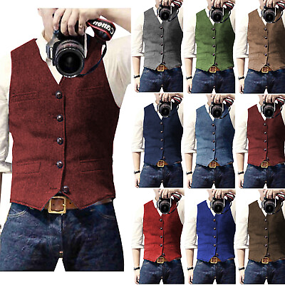 #ad Mens Tweed Vest Vintage Cowboy Herringbone Groom Waistcoat S M Large XL XXL 3XL $23.99