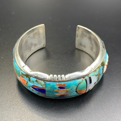 Excellent Handmade Natural Turquoise Multi Stones amp; 925 Silver Cuff Bracelet $560.00