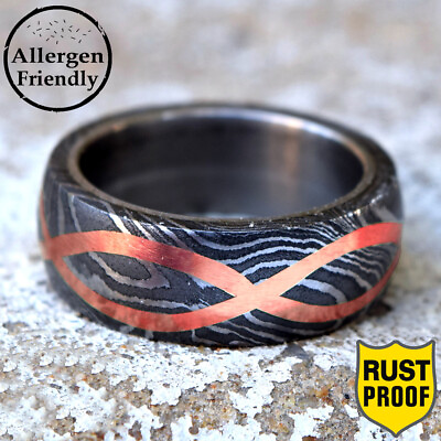 #ad Customized Copper Infinity Inlay Damascus Steel Ring Mens Silver Sleeve Band Him $89.00