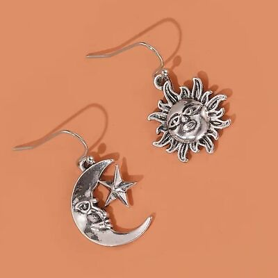 #ad Antique Aged Silver Celestial Crescent Moon amp; Sun Face Boho Dangle Earrings NEW $15.00