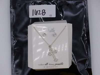 #ad FAITH SILVER SPARKELY RENAISSANCE CROSS PENDENT NECKLACE W MATCHING STUDS 18quot; $19.99