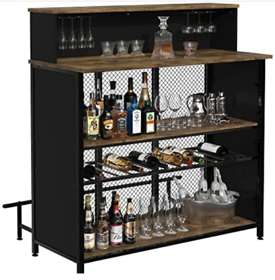 #ad Home Mini Liquor Bar Rustic Brown Wood Standing Table with Storage and Footrest $215.88