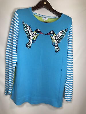 #ad Bird Sweater Womens Hummingbird Color Block Sweater Striped Sleeves Size Large $20.00