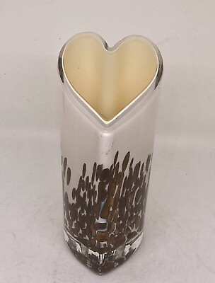#ad Vtg Stunning Hand Blown Art Glass Heart Shaped Vase Opaque White amp; Brown 7.25” $28.00