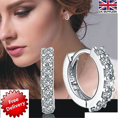 #ad New Beautiful 925 Sterling Silver Small Round Crystal Hinged Huggie Hoop Earring GBP 3.95