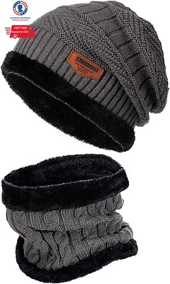 #ad Mens Womens Winter Beanie Hat Scarf Set Warm Knit Hat Thick Fleece Neck Lined $13.99