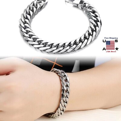 #ad Men#x27;s Silver Solid Chain Bracelet Solid Thick Big Link Bracelet Xmas Gift USA $7.55