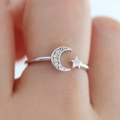 #ad 925 Silver Women Moonamp;Star Adjustable Rings Cute Cubic Zirconia Jewelry C $2.58