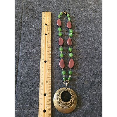 #ad Beaded Chic Wood Green Beads Tribal Necklace With Large Brass Pendant $21.99