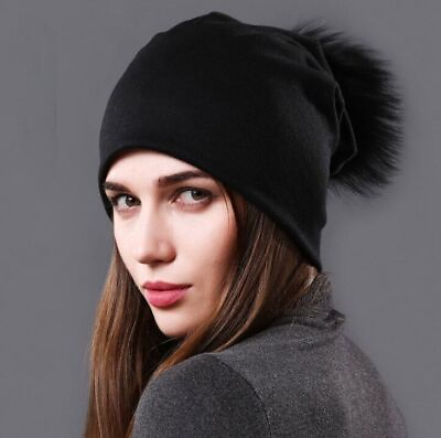#ad NEW Women Winter Warm Cashmere Wool Knitted Real Fur Pom Pom Ball Beanie Hat $13.00