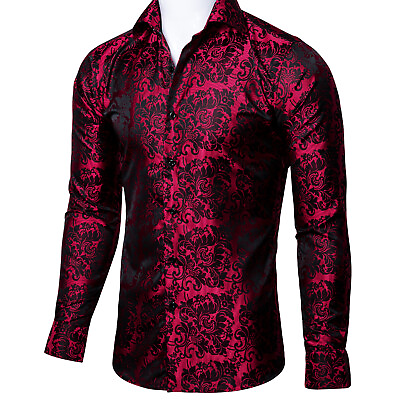 Barry Wang Floral Mens Shirt Red amp; Black Floral Long Sleeve Casual Wedding Top $19.99