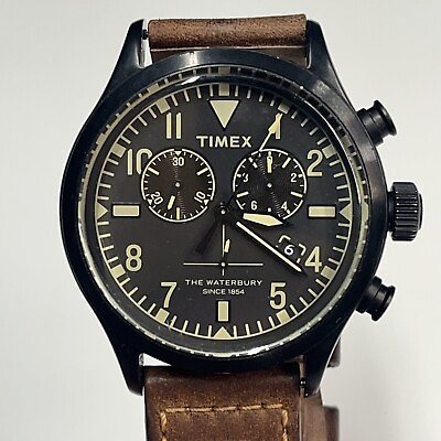 Timex Men#x27;s TW2R13100 The Waterbury Watch Black Brown Leather Strap WORKS $74.99