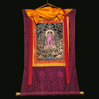 Amitayus Thangka Painting Longevity Buddha Silk Brocade Mounted Aparmita Budha $296.25