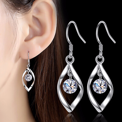 Leaf Crystal Dangle Drop 925 Sterling Silver Ear Hook Earrings Womens Jewelry $6.51