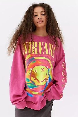 #ad Urban Outfitters X Nirvana Smile Face Oversize Crewneck Sweatshirt in L XL Pink $59.99