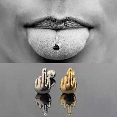 #ad Surgical Steel Middle Finger Gesture Tongue Barbell Stud Piercing Rings `OR C $1.76