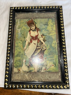 #ad Antique Print Girl With ducks Unusual Fabric Matt Black With Gold Frame $32.98