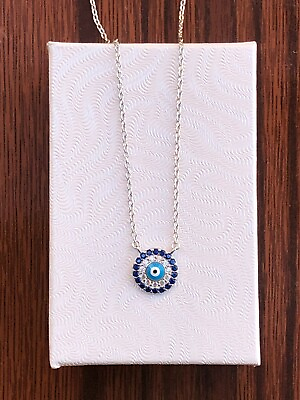 #ad 925 Sterling Silver Small Blue Cz Evil Eye Pendant Necklace Round 9mm 17.25quot; $25.45