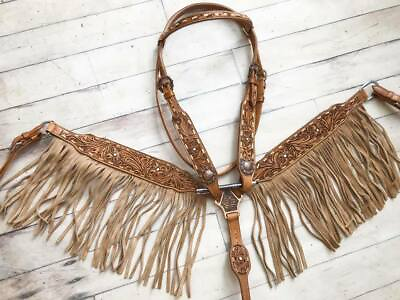 #ad Western Saddle Horse Leather Bridle Breast Collar Tack Set w Tan Suede Fringe $88.92