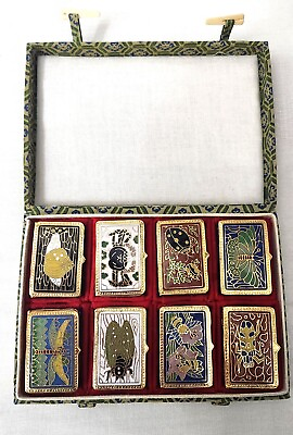 RARE Cloisonne Insect Art Brass Pill Boxes VTG 8 pc set in Original Case $600.00