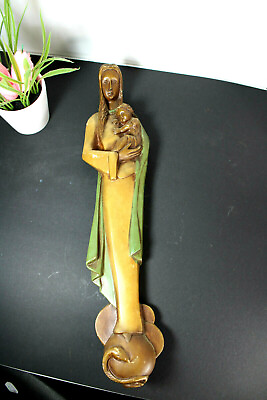 #ad Antique French art deco chalkware wall madonna child snake signed $182.00