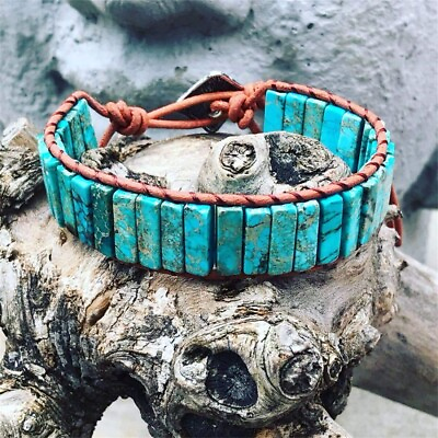 Natural Turquoise Stone Tube Braided Bracelet for Protection Balance Healing $13.50
