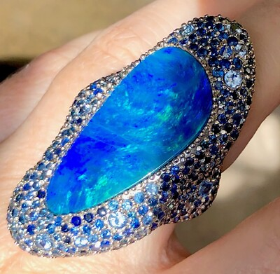 MASSIVE LONG 26 carat Natural Opal amp; Sapphire Heavens Blue Ladies Ring 8 rhodium $1699.00