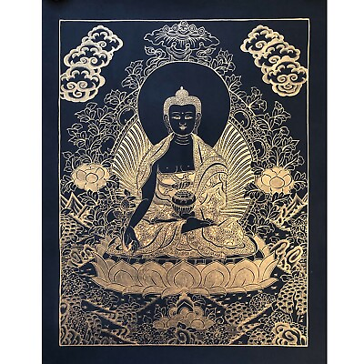 Black and Gold Medicine Buddha Thangka Healing Buddha Handmade Tibetan Art $128.70