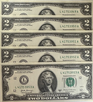 *Lot of 5 LUCKY CRISP Uncirculated Sequential $2 Two Dollar Bills* Series 2017A. $17.76