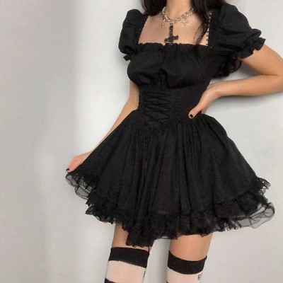 Lolita Black Dress Puff Sleeve High Waist Vintage Lace Trim Party Gothic Dress $49.79