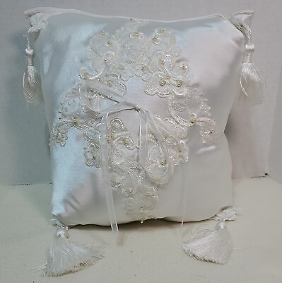 #ad Ring Bearer Pillow White Satin Beaded 11 x 11 Tasseled Clean White Pure Wedding $4.99