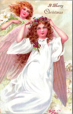Christmas Postcard Two Angel Girls with Flowers 1106 $10.00