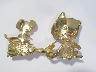 #ad Signed Ultra Cat and Mouse on Broom Vintage Brooch Pin $17.00